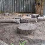 wood logs surrounding sand pile